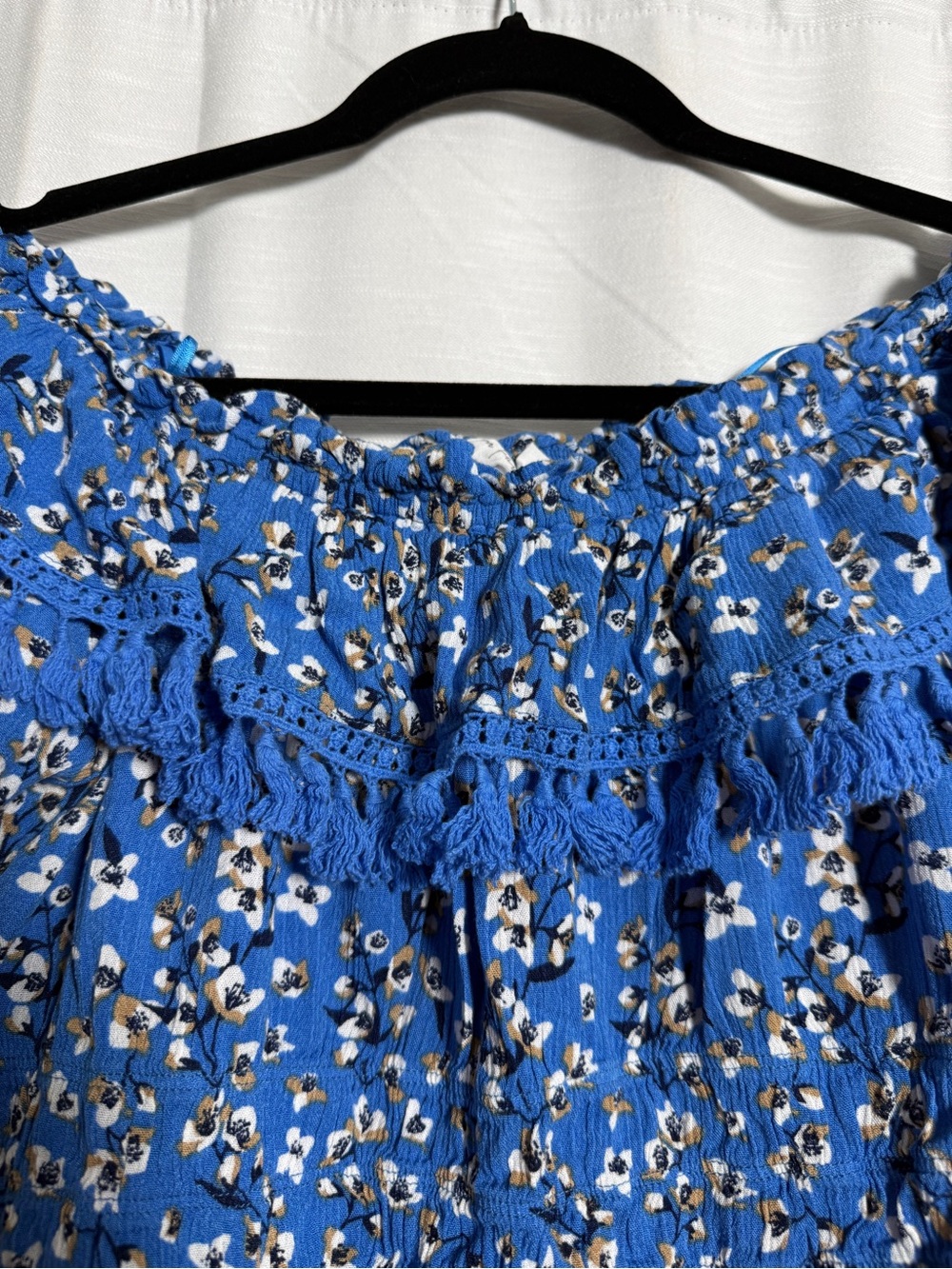 All in Favor Blue Floral Off Shoulder Tassel Ruffle Top | Size L - Picture 11 of 14